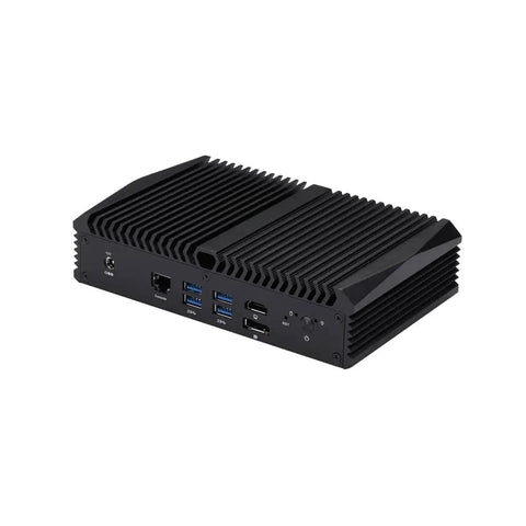 Badass Fanless Mini PC Barebone Loading Intel Core I7-10510U with aluminum case and multiple ports visible from the back.