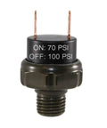 Front view of black Tank Mount 1/4 Inch NPT Air Pressure Switch For 12V/24V Air Horns And Train Horns, 70 PSI Turn On, 100 PSI Turn Off