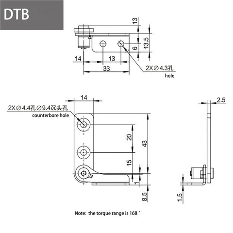 Stainless steel damping hinge with adjustable torque stop, left-right orientation, 0.8 N.m, 1 pc (DTB)