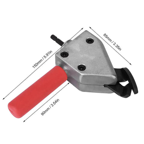 Power Sheet Metal Cutter Head For Electric Drill with 7mm hex shank, power shear attachment for DIY projects, red handle, dimensions labeled