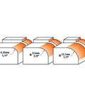 Illustration of Pro Grade Roundover Router Bit Set With Bearing For Template Work Includes One Quarter Inch Radius Three Eighths Inch Radius And One Half Inch Radius Anti Kickback Design Nonstick Orange Shield Coating For Picture Frames Tables And Countertops showing different radii.