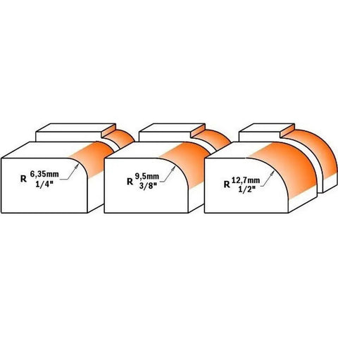 Illustration of Pro Grade Roundover Router Bit Set With Bearing For Template Work Includes One Quarter Inch Radius Three Eighths Inch Radius And One Half Inch Radius Anti Kickback Design Nonstick Orange Shield Coating For Picture Frames Tables And Countertops showing different radii.