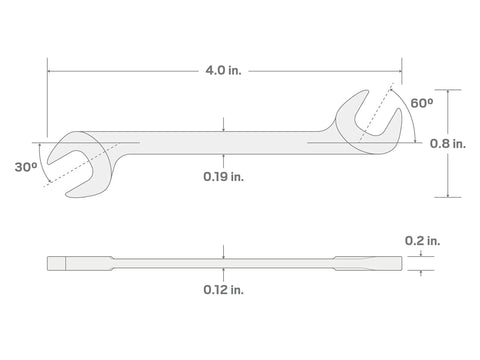 Technical drawing of Quarter Inch Angle Head Open End Wrench with 30 60 Degree Angled Head Built for Unmatched Access in Confined Spots