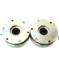 Two silver electromagnetic brake units with splined central hubs and power leads.