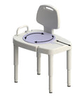 Beefy Sliding and Rotating Shower Bench With Back White Bariatric Safe Height Adjustable Legs From 16 to 23 Inches in Quarter-Inch Increments 450 lb Weight Capacity Quick-Change Leg Design Built-In Soap Tray Spray Holder Curtain Slit