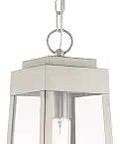 Oslo One Light Outdoor Hanging Lantern in Brushed Nickel Finish with Clear Glass Panels and Solid Brass Frame