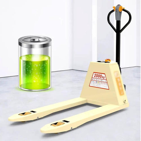 Heavy Duty Electric Pallet Jack With 4400 Lb Capacity And Lithium Battery For Smooth Material Handling Across Concrete Warehouse Floors And Tight Spaces next to a green battery.