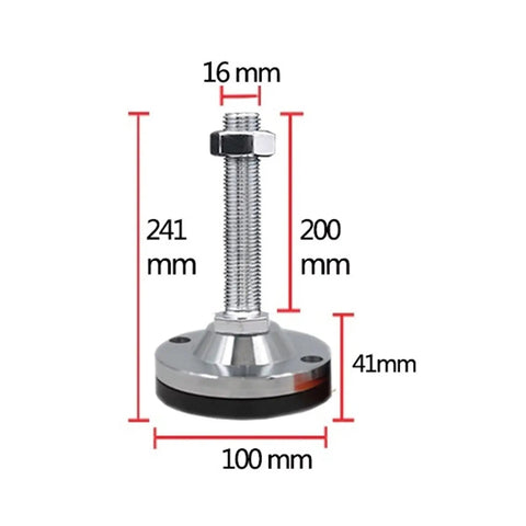 Heavy Duty Adjustable Leveling Feet With M16 Steel Threads And Thick Rubber Bottoms, 100mm base, 241mm height for stabilizing equipment.