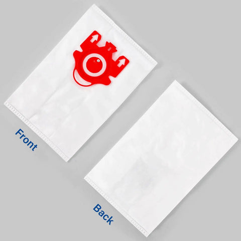 Front and back view of 14 Packs 3D Airclean Replacement Bags For FJM Vacuum Cleaners Compatible With Compact C1 C2, white material, red adapter