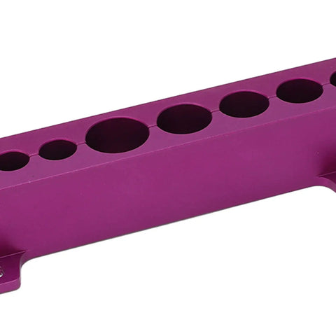 AR Vise Block Set For Bike Maintenance And Repair, purple aluminum block with holes for 5mm to 16mm parts, side view