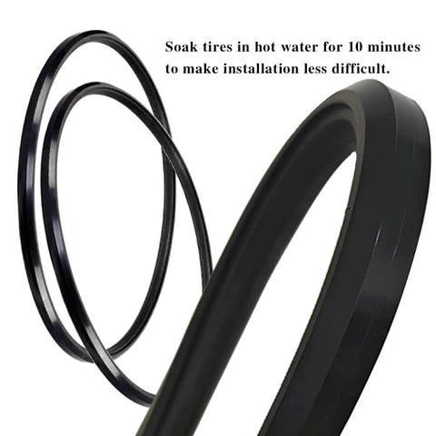 Rear Wheel Replacement Tire For Wheelchairs 24x1 Universal No Flat Polyurethane Tire With Tools shown close-up with installation tip