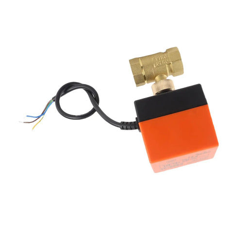 Rock Solid Forged Brass Motorized Ball Valve With Smooth Electric Actuator For DC 12 To 24V HVAC Hydronic Control G3 4 DN20 close-up view with wiring.