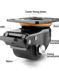 Rock Solid Heavy Duty Swivel Casters With Dual Brake System And Double Bearing Nylon Wheels For Furniture And Industrial Carts, close-up of brake mechanism and nylon wheel.