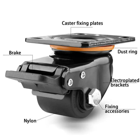 Rock Solid Heavy Duty Swivel Casters With Dual Brake System And Double Bearing Nylon Wheels For Furniture And Industrial Carts, close-up of brake mechanism and nylon wheel.