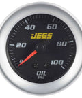 JEGS oil pressure gauge, 2-1/16 in, mechanical, black face with red needle, silver bezel, 0-100 PSI, front view