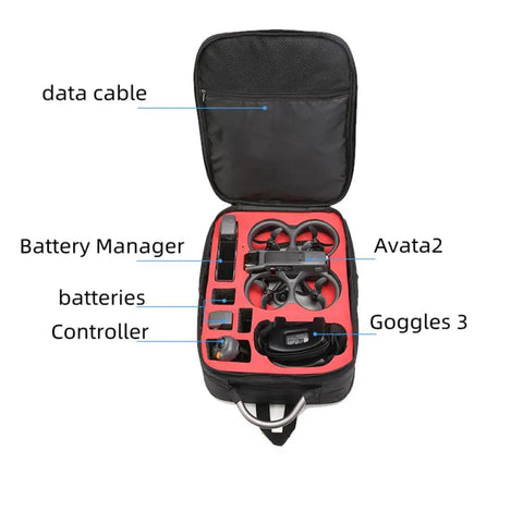 Open red Shoulder Bag For Avata 2 Goggles N3 Dope High Capacity Protective Travel Case with drone, goggles, and accessories inside.