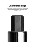 Close-up of a chamfered edge on a 32-Piece Hex Bit Socket Set With Metric And SAE Sizes, Drop-Forged S2 Steel Bits, Chrome Plated Chrome Vanadium Sockets, Built To Last, Oil And Corrosion Resistant, Great For Cars, Trucks, Appliances, Lawn Equipment And Machinery.