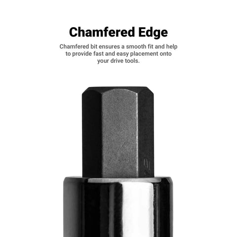 Close-up of a chamfered edge on a 32-Piece Hex Bit Socket Set With Metric And SAE Sizes, Drop-Forged S2 Steel Bits, Chrome Plated Chrome Vanadium Sockets, Built To Last, Oil And Corrosion Resistant, Great For Cars, Trucks, Appliances, Lawn Equipment And Machinery.