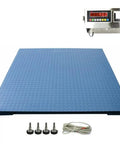 Real Deal Heavy Duty 7X7 Industrial Floor Scale Featuring Bright Led Display And Anti Slip Diamond Plate Deck Built Like A Tank For Bulk Warehouse Pallets 30000 Lbs Weight Capacity With 5 Lb Accuracy showing blue diamond plate deck and LED display.