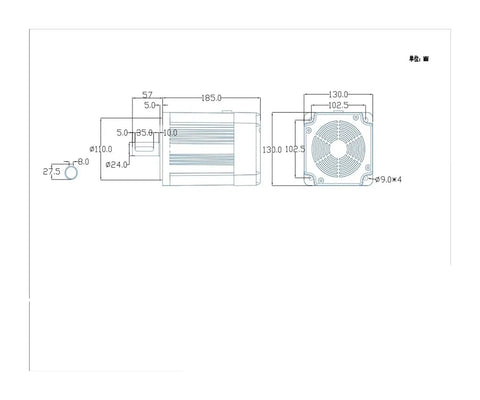 Technical drawing of Solid Copper PM Synchronous Motor 220V/380V, 0.37kW To 3kW Range, 4 Pole, 1500 RPM, 110 Housing detailing dimensions