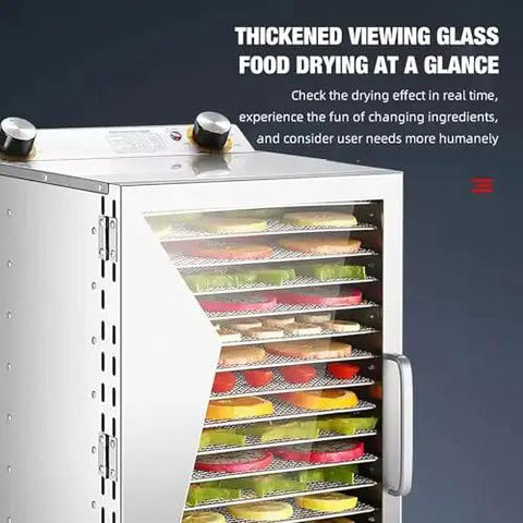 Top Notch Multi Layer Food Dehydrator 400W with thickened glass view for drying fruits and meats on spacious trays.