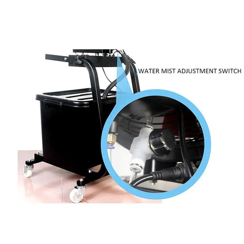Water mist adjustment switch detail on Heavy Duty 16 Inch Industrial Misting Fan With Auto Swinging Head Three Speed Settings Roll Around Frame For Warehouse Cooling That Throws Down Insane Airflow To Keep You Chilled Zero Sweat.