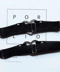 Badass Women Premium Adjustable Faux Leather Heart Garter Set Punk Alloy Thigh Strap, black, display on a flat surface.