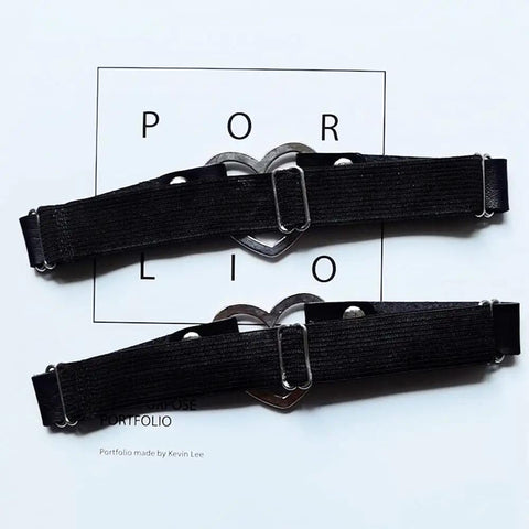 Badass Women Premium Adjustable Faux Leather Heart Garter Set Punk Alloy Thigh Strap, black, display on a flat surface.