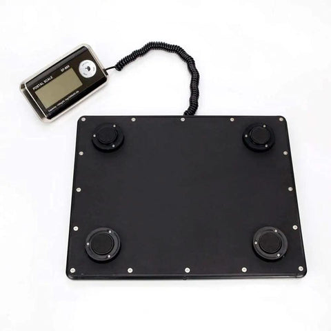 Heavy Duty Slick Digital Postal Scale With Crisp External Backlit Display Plug And Play Setup No Fuss Calibration High Precision Sensor Waterproof Stainless Platform For Shipping Parcels Up To Four Hundred Forty Pounds with black stainless platform and electronic display.