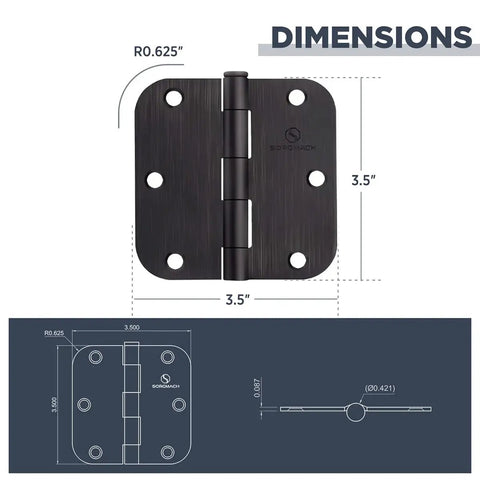 Oil Rubbed Bronze Interior Door Hinges 3.5 Inch with Five Eighths Inch Radius Corners Black Finish 12 Pack dimensions