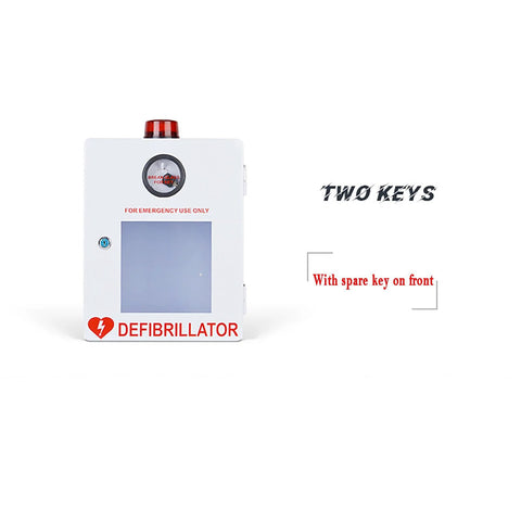 White metal AED cabinet with alarm beacon on top, front window, FOR EMERGENCY USE ONLY label, two keys shown.