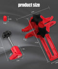 Real Deal Camshaft Locking Tool Kit With Heavy Duty Engine Timing Alignment Wrench Set showing dimensions and details of red clamps.