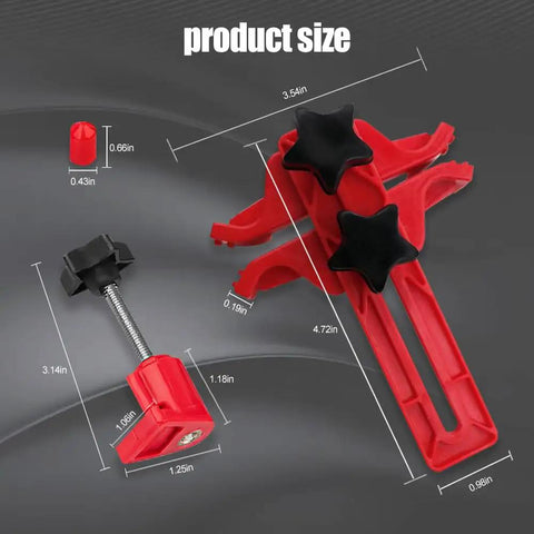 Real Deal Camshaft Locking Tool Kit With Heavy Duty Engine Timing Alignment Wrench Set showing dimensions and details of red clamps.