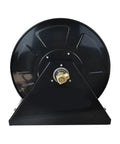 Hassle Free Portable Hose Reel Engineered For Smooth Cranking Motion And Fast Rocker Roll Storage, front view of black reel.