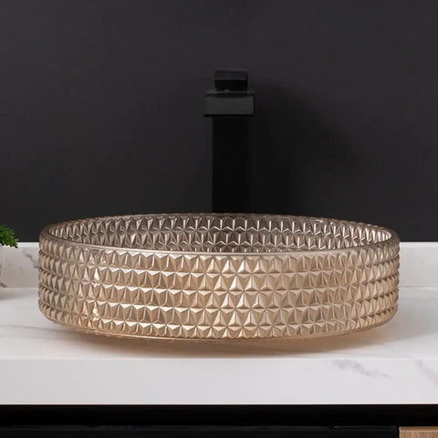 Modern Rectangular Tempered Glass Vessel Bathroom Sink Slick Finish Hella Durable Hassle Free Mounting with textured surface.