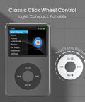 Bluetooth MP3 Player With 128GB Storage Portable Music Player showing click wheel control and menu display.