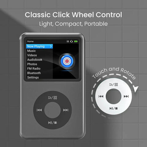 Bluetooth MP3 Player With 128GB Storage Portable Music Player showing click wheel control and menu display.