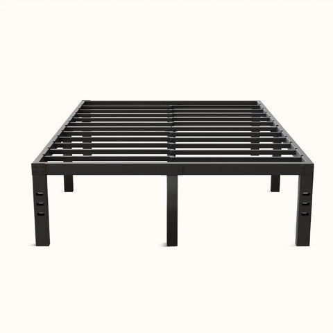 Queen Size Metal Platform Bed Frame With Under Bed Storage Heavy Duty Steel Slat Support visible from the side, sturdy black slat design.