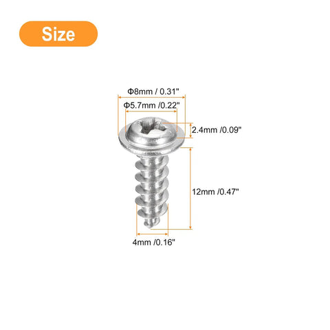 Premium 50 Piece Pack ST4 X 12 Millimeter Phillips Pan Head Self Tapping Screws With Washers dimensions illustration with size details