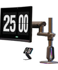 Heavy Duty Adjustable Desktop Monitor Mount With Smooth Swivel Tilt Stand holding a screen showing a digital timer set at 25 minutes.