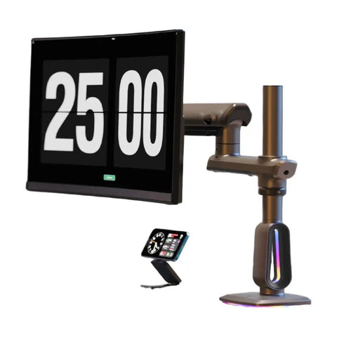 Heavy Duty Adjustable Desktop Monitor Mount With Smooth Swivel Tilt Stand holding a screen showing a digital timer set at 25 minutes.