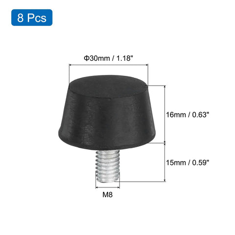 8 Pack Adjustable Leveling Feet Rubber Table and Chair Feet with M8 x 15mm Studs, dimensions and black color shown