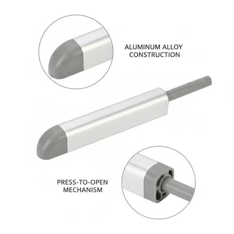 Press To Open Cabinet Latch Aluminum Alloy Push Catch For Handleless Doors And Drawers Silver Finish close-up view