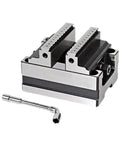 No Fuss Rock Solid Self Centering Turntable Vise Fixture For Tight Grip And Easy Setup On Any CNC Milling Or Machine Shop Project 6 To 60 Mm Range, showcasing dual jaws and a tightening tool.