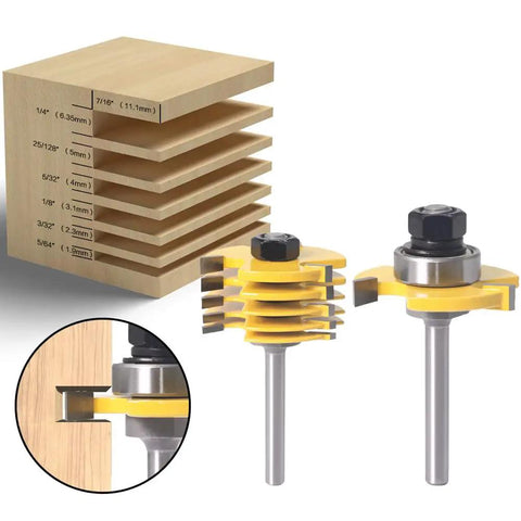 Two Piece Slot Cutter Router Bit Set With Bearings One Quarter Inch Shank Six Cutting Widths For Precise Grooves Adjustable Three Wing Slotting Bits