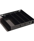 Red Steel Divider Tray For Truck Boxes, Heavy Duty 19 And A Quarter Inch By 14 Inch Organizer Insert, side view with 4 slots.