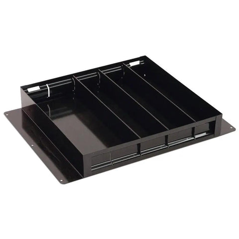 Red Steel Divider Tray For Truck Boxes, Heavy Duty 19 And A Quarter Inch By 14 Inch Organizer Insert, side view with 4 slots.