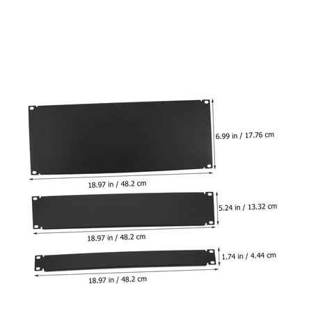 3 Pack Screw Mounted Blind Plates For Equipment Cabinets And Server Racks, Dust Guard Covers, Easy Install, Rugged Internal Equipment Shield, Keeps Machines Clean And Cool. Black metal set with sizes shown.