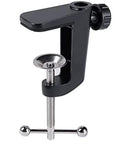 Pro Grade Aluminum Alloy Adjustable C Clamp Mount for Universal Desk Lamps and Mic Arms, solid black design with tightening knob.