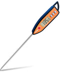 Instant Read Meat And Milk Thermometer with Probe showing temperature on clear LCD, Fahrenheit reading, stainless steel probe, orange and black design.